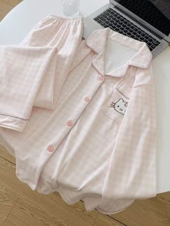 Deer Velvet Brushed Fabric Kitty Checkered Pajama Set